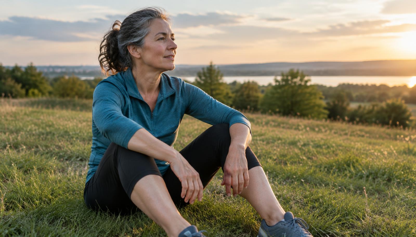 Woman taking a break in an open field at sunset