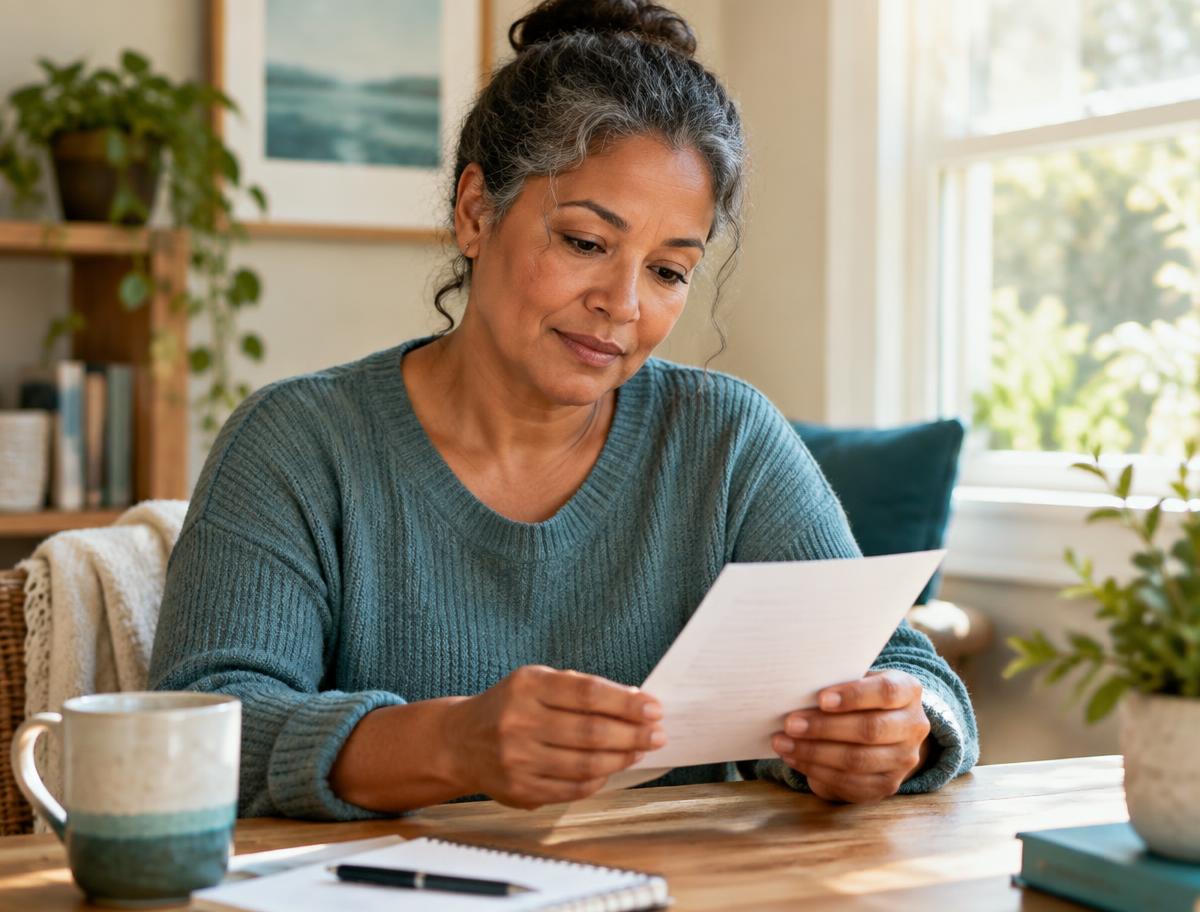 Woman reviewing notes at home