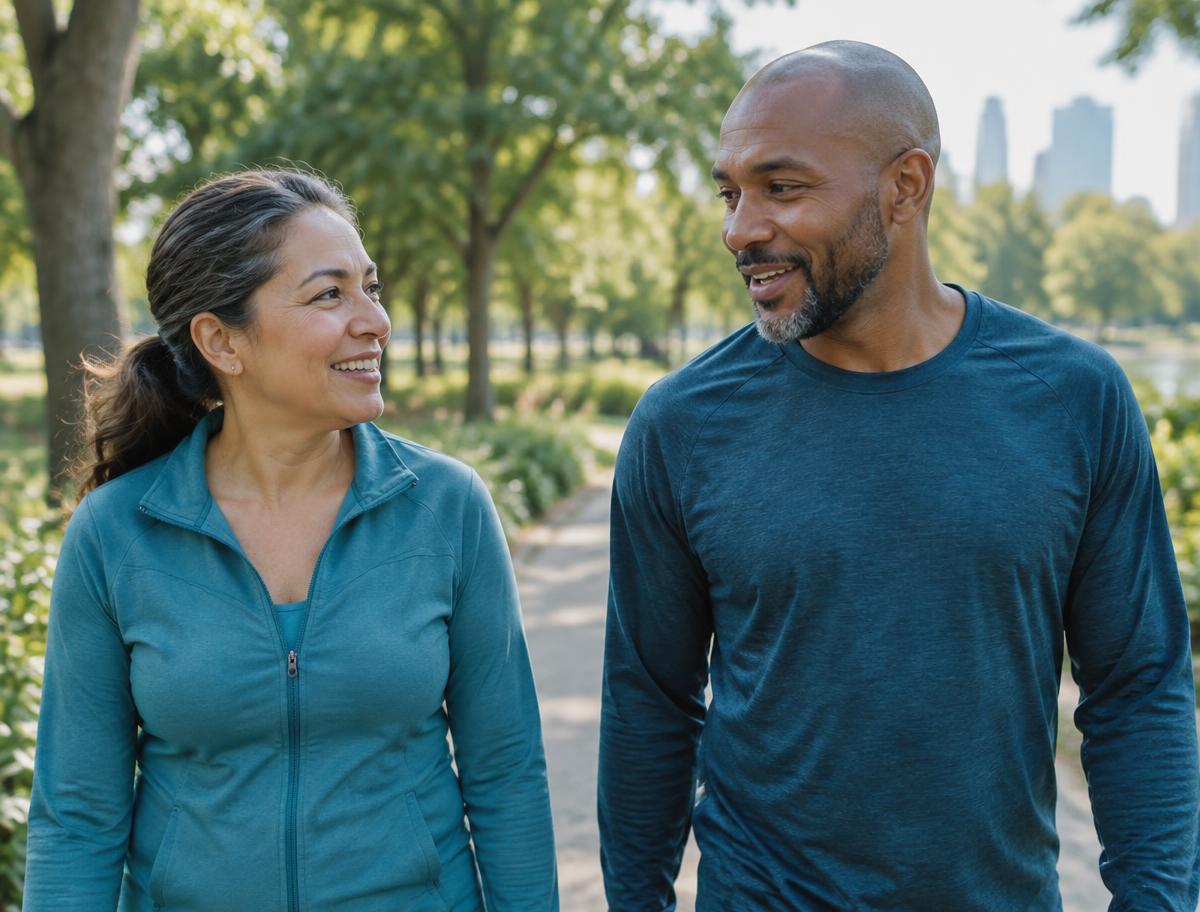 Woman and man talking during a park walk