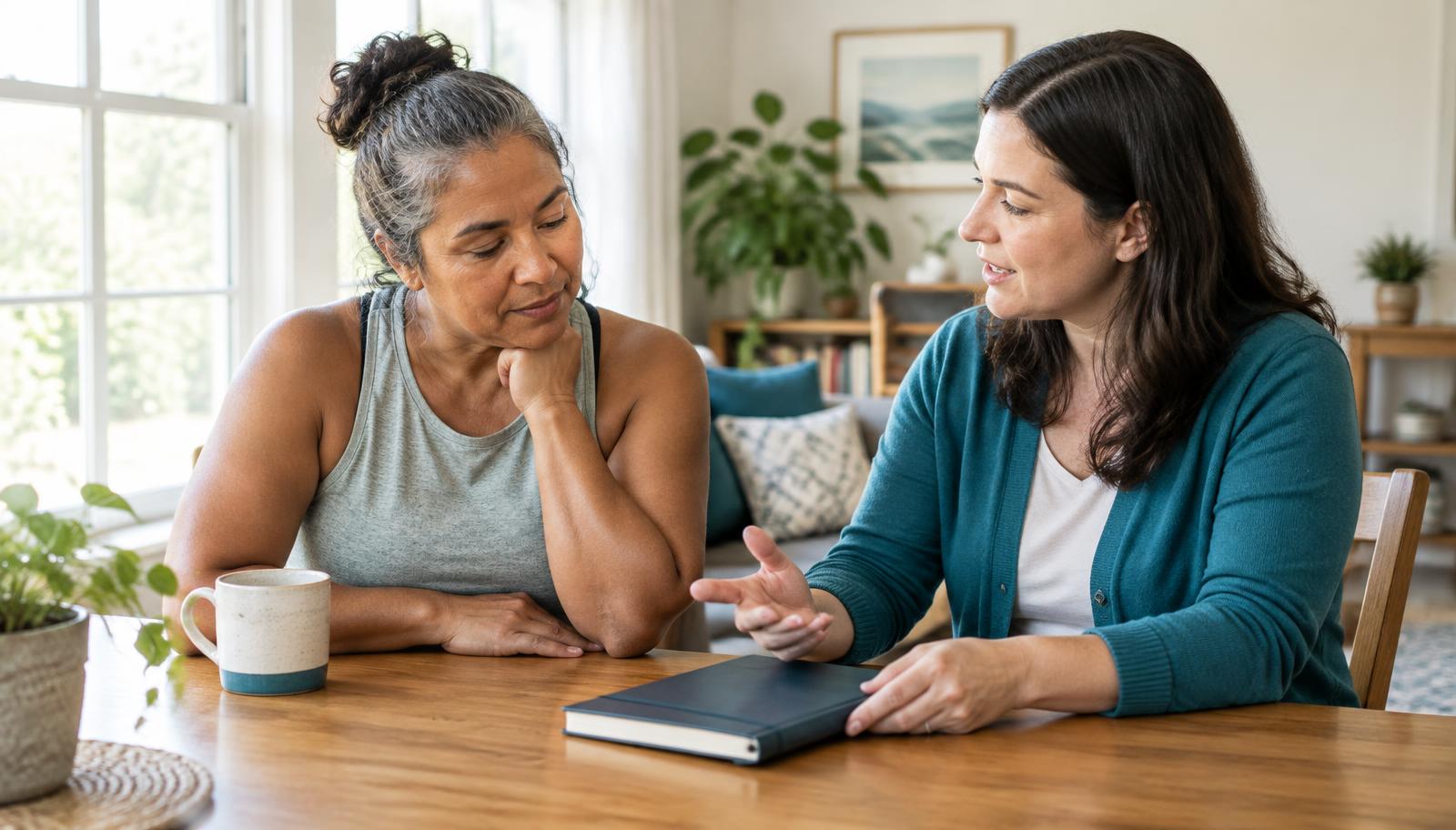 Two women talking over a notebook at home
