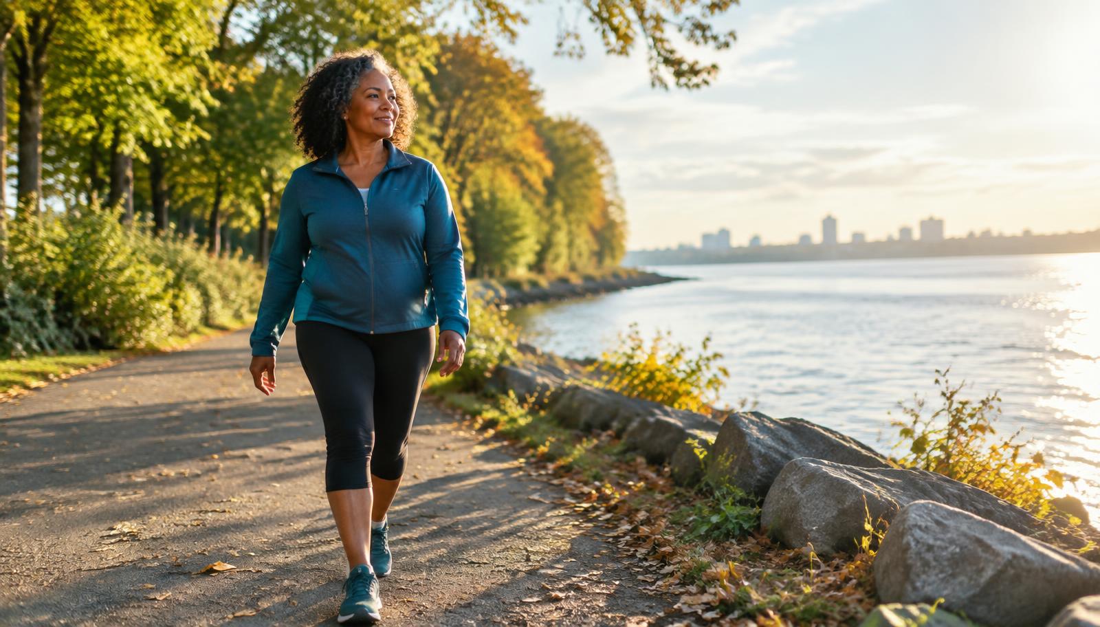 Woman walking along a waterside path in the morning