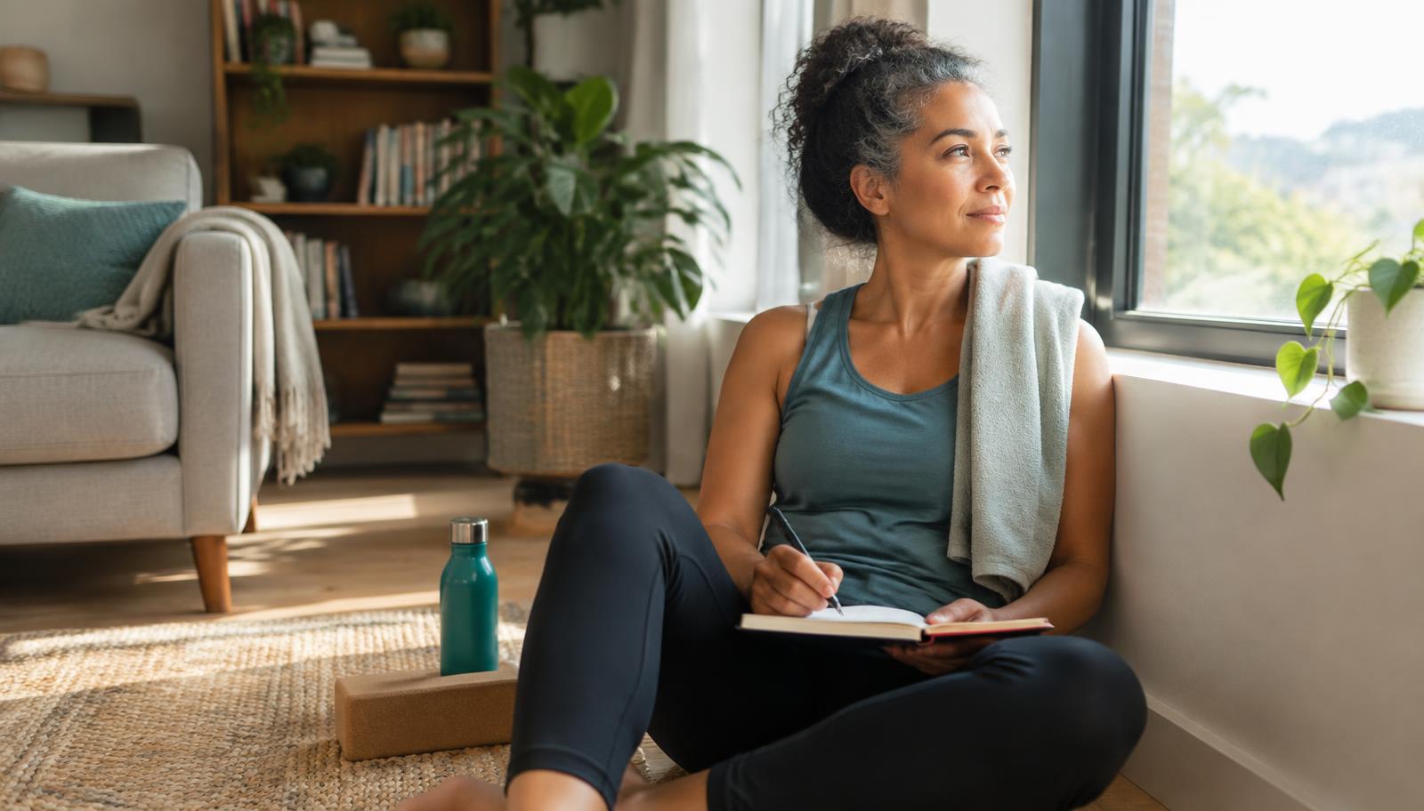 Woman resting by a window after exercise