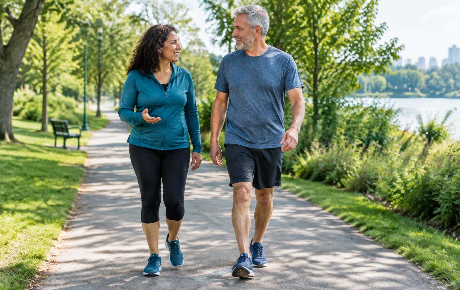 Woman and man walking together along a park path