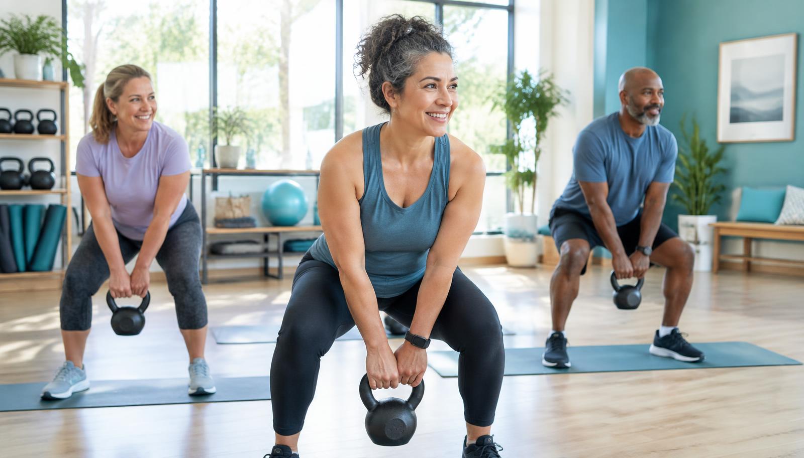 Two women and a man doing gentle kettlebell work in a studio