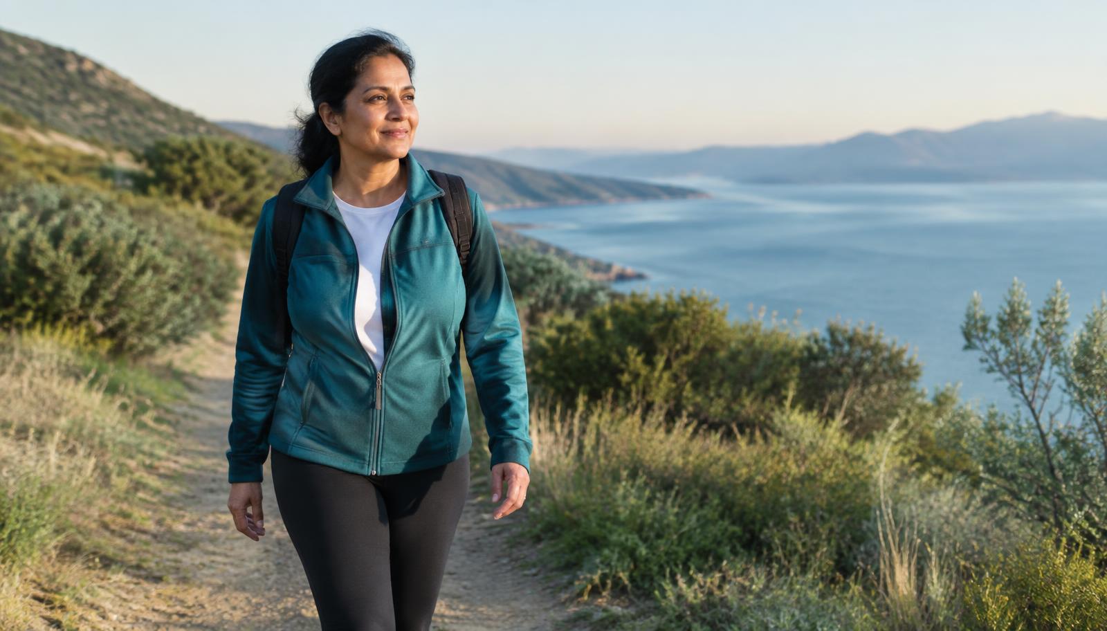 Woman walking along a coastal trail