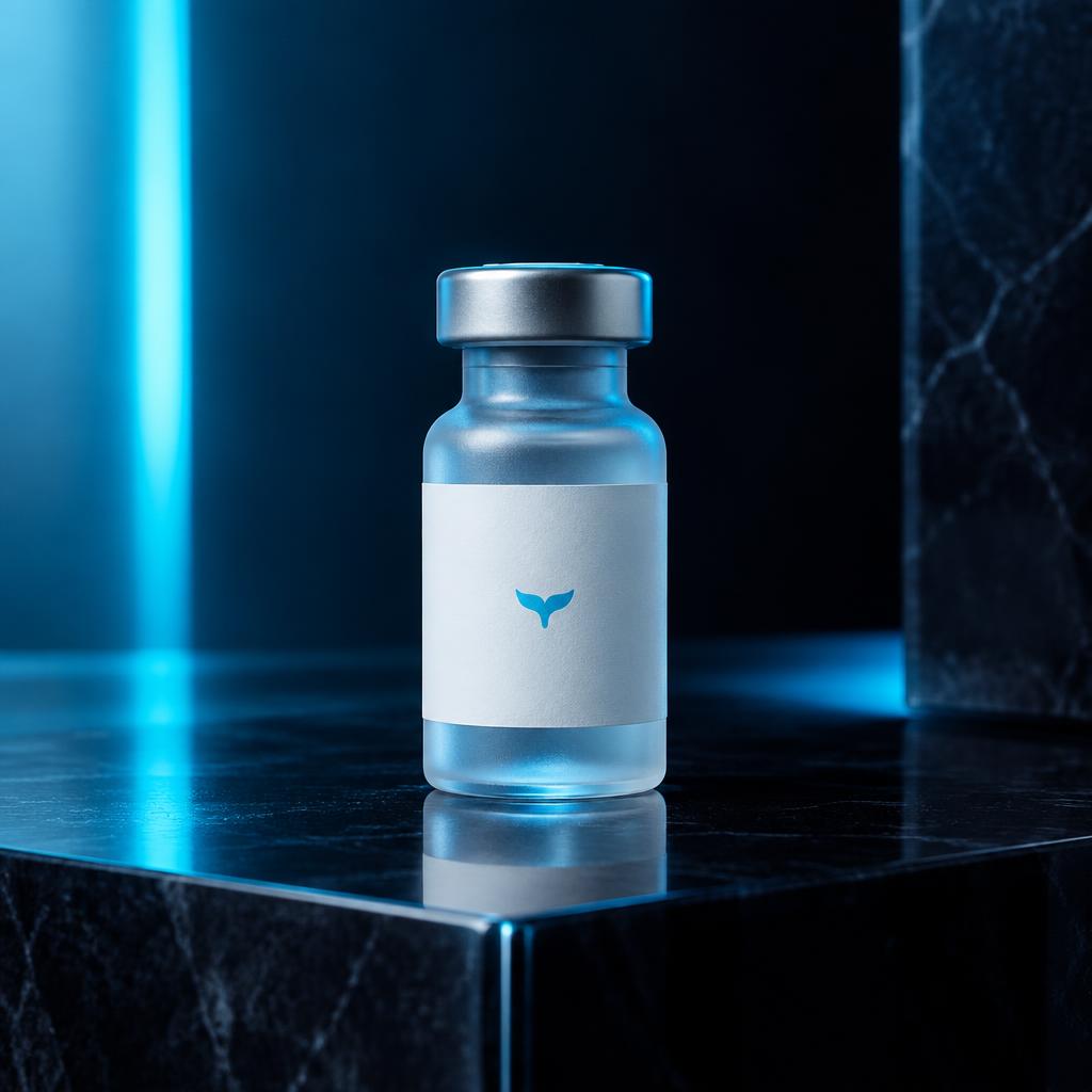 Frosted Bluetail medical vial on a dark plinth